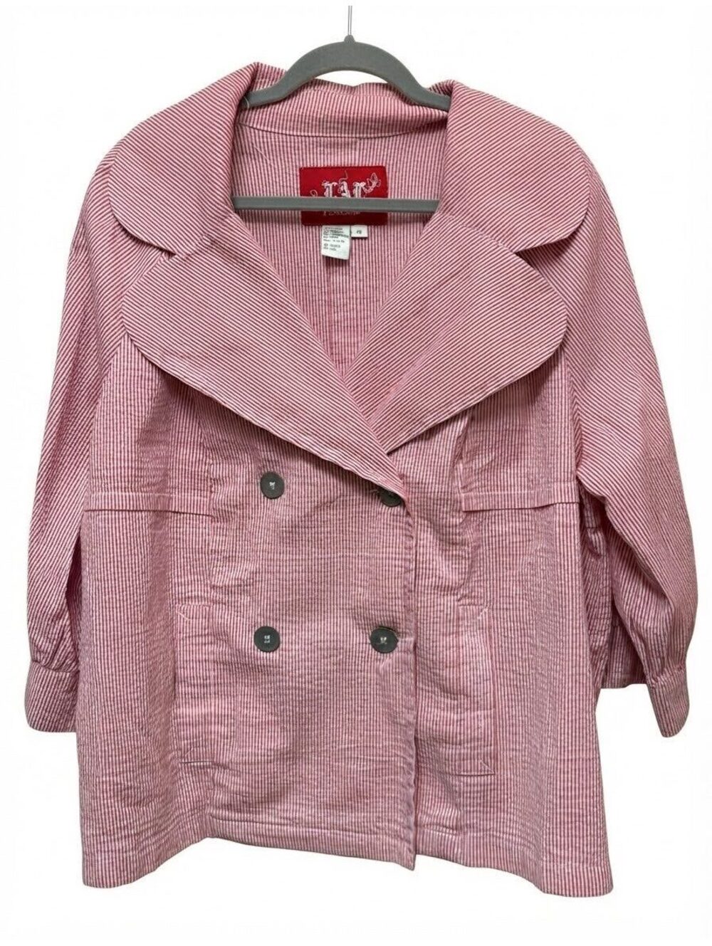 L.A.L. Live a Little Women's Jacket Pink White Seersucker Double Breasted 1X